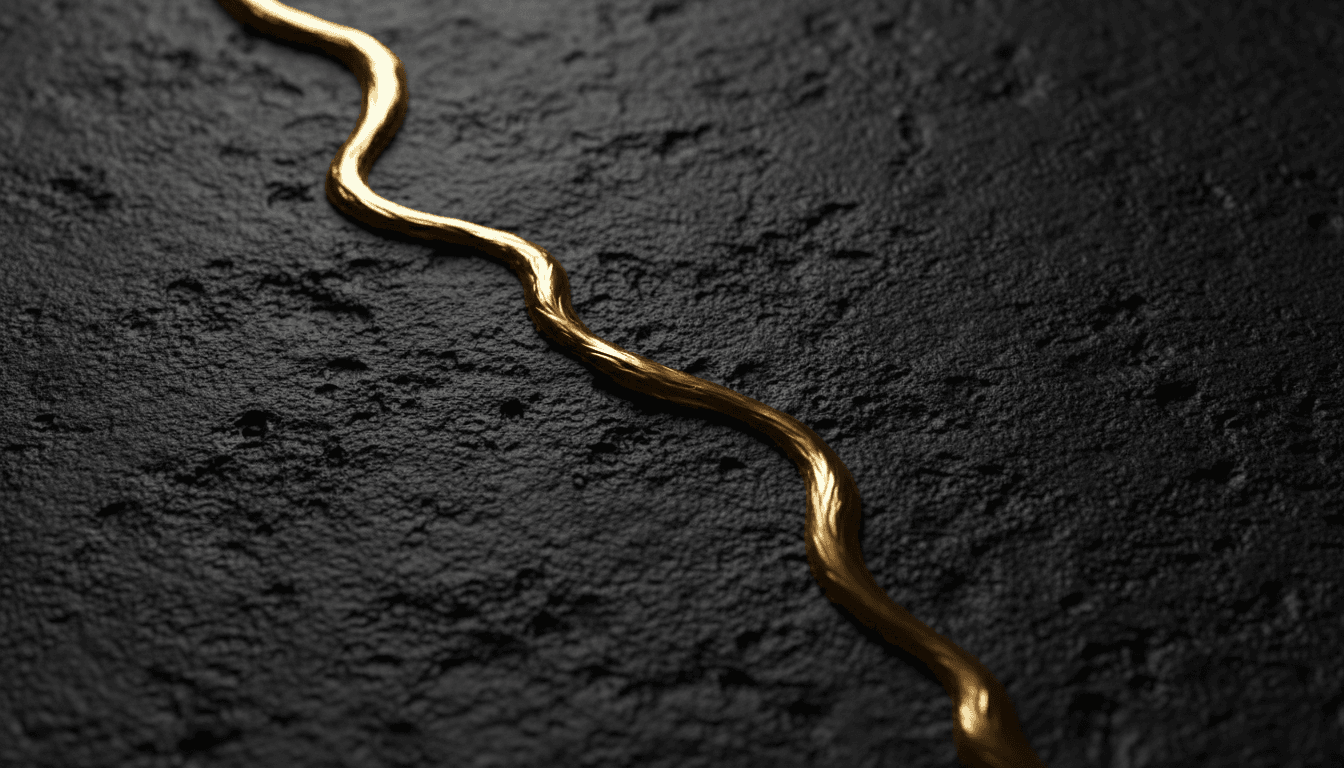 Thin trail of liquid gold on a dark charcoal surface