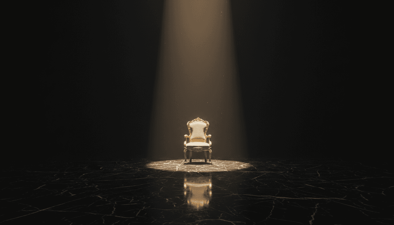 An empty room with a single ornate gold chair illuminated by a spotlight from above.