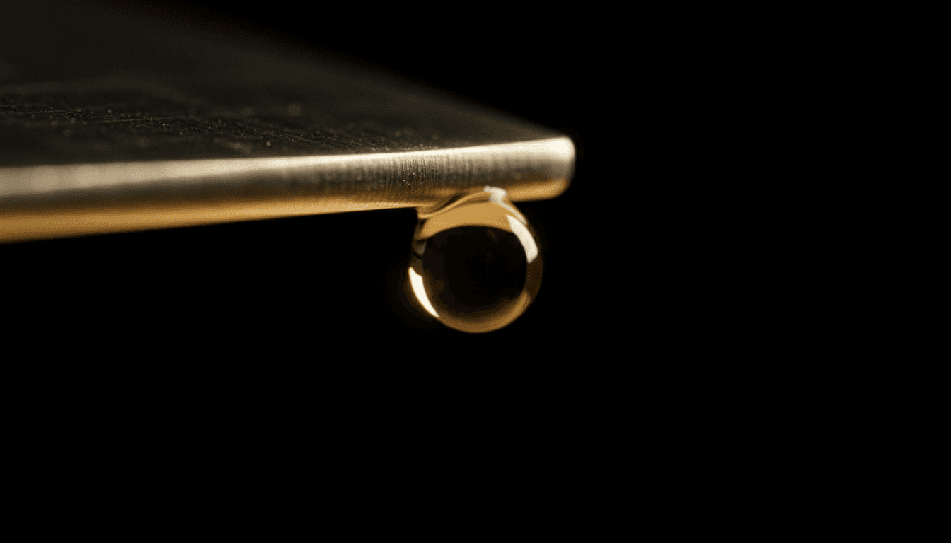 A single gold droplet suspended in mid-air against a dark, moody background