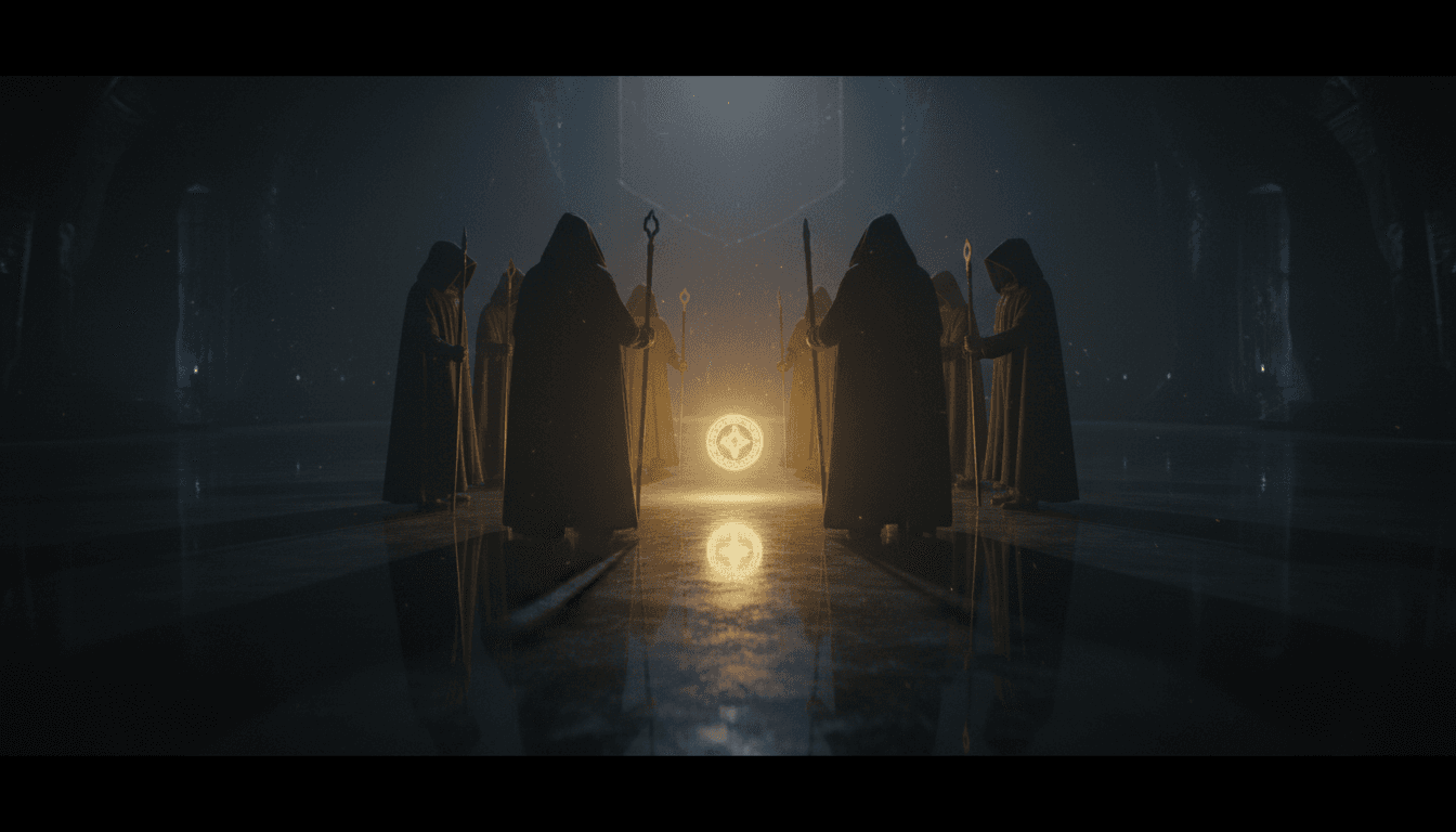 Silhouetted figures standing in a circle around a floating gold token.