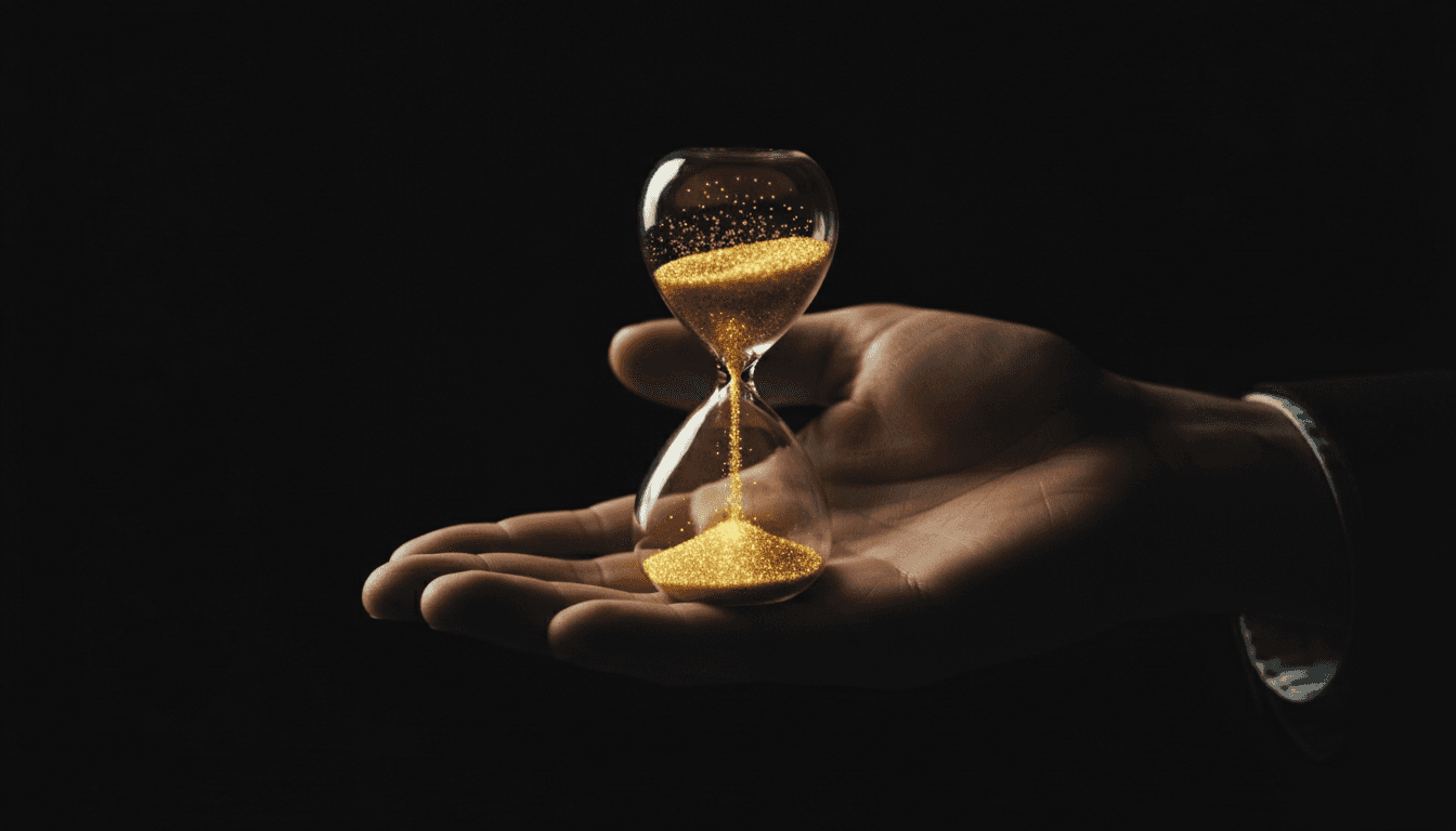 A human hand holding a transparent hourglass with golden sand flowing through it.