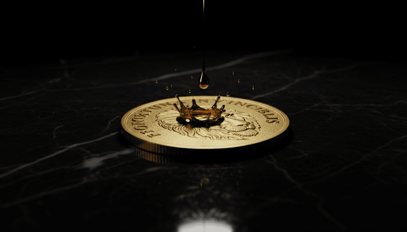 A single gold coin with a droplet of gold falling onto it.