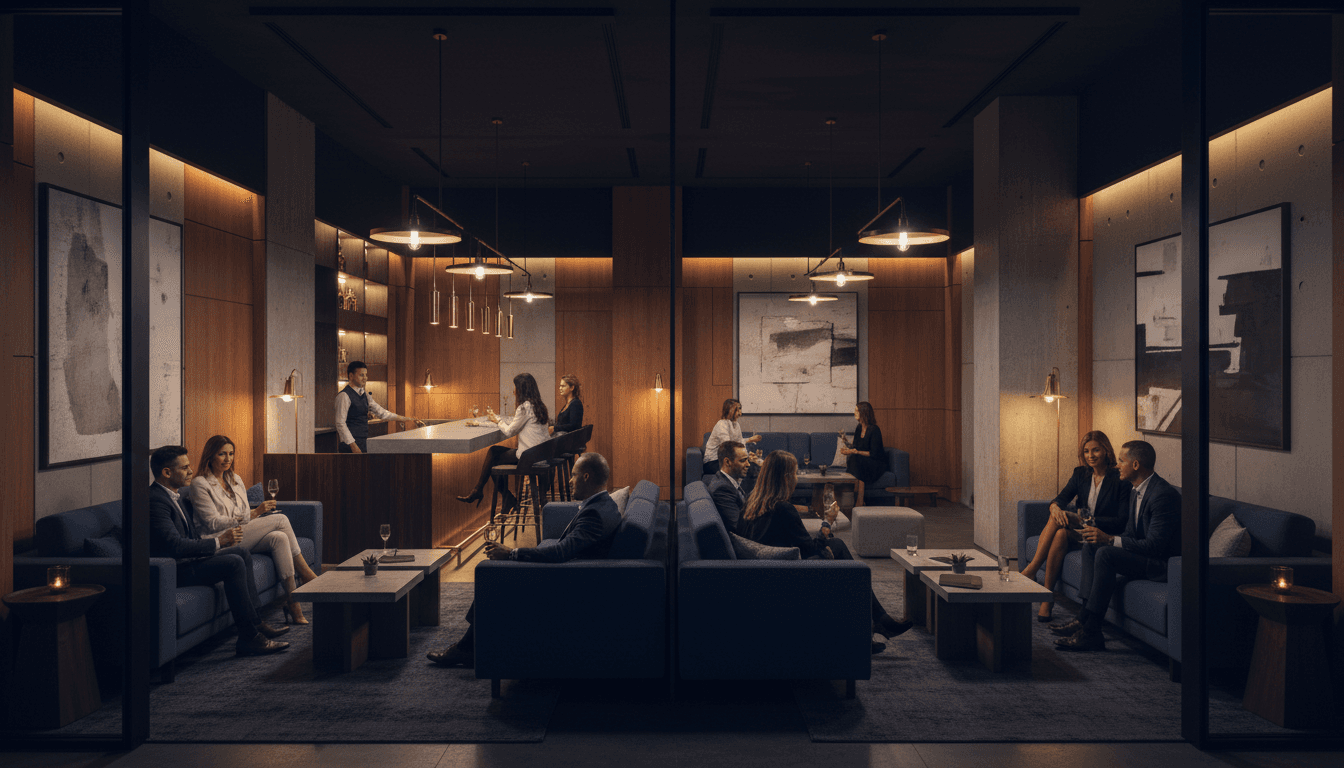 Empty luxury lounge interior with gold accents and dark cinematic lighting