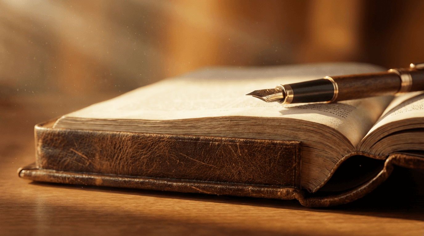 Open leather ledger with gold pages on dark desk